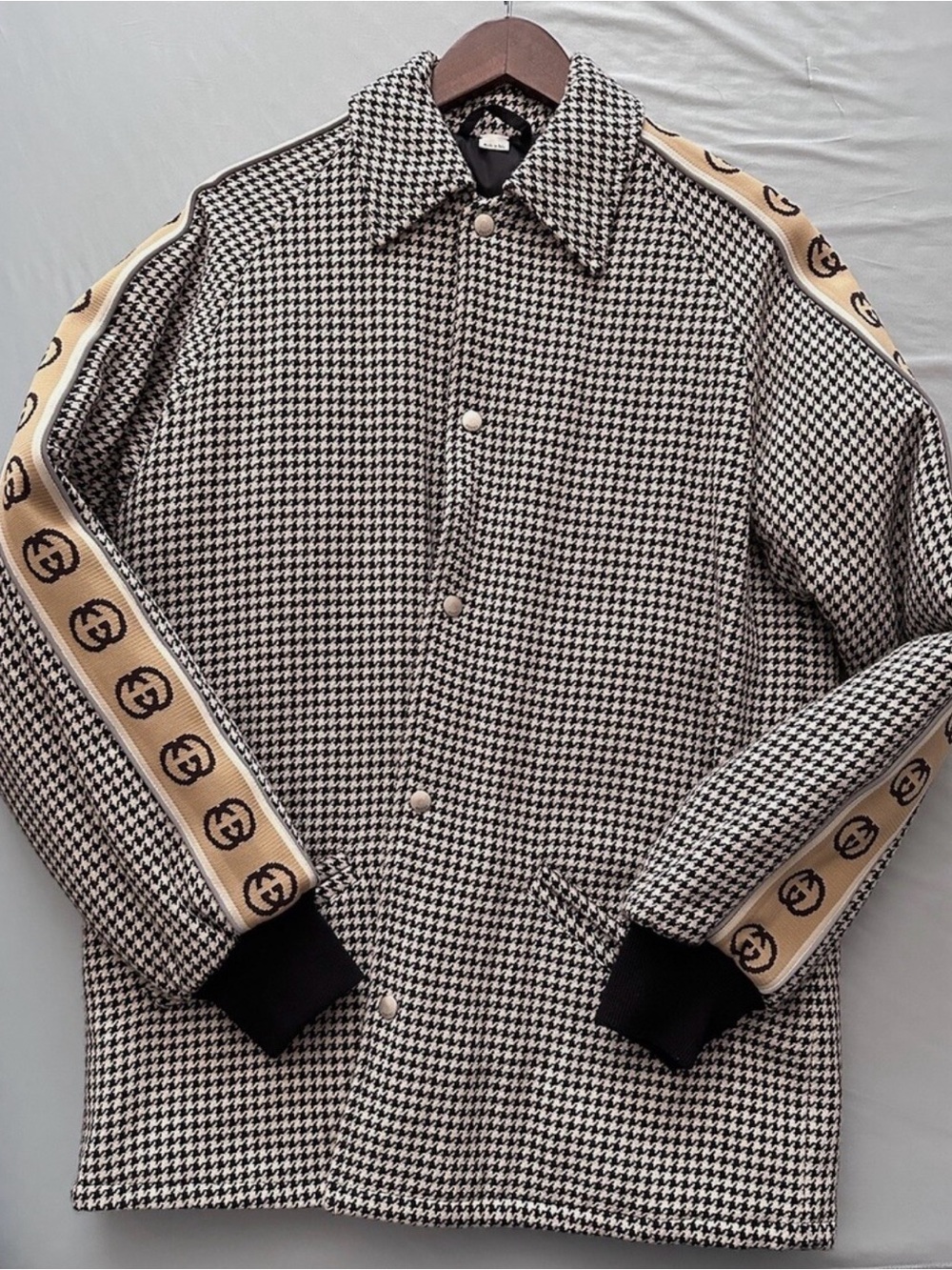 Gucci Black & White Houndstooth Coat with Beige Logo Stripe